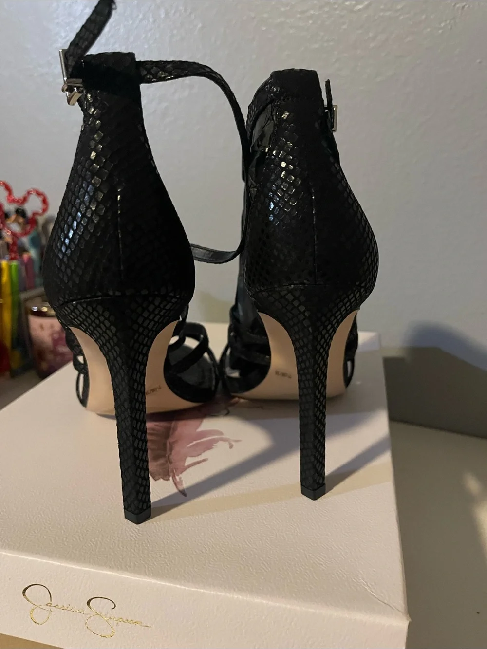 Jessica Simpson Black Strappy Snake-Texture High Heel Sandals